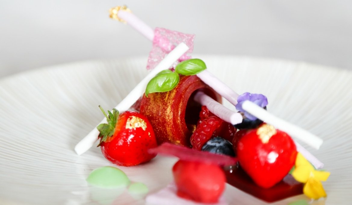 Compressed raspberries, eggless violet meringue, seasonal berries & basil Sorbet rhubarb