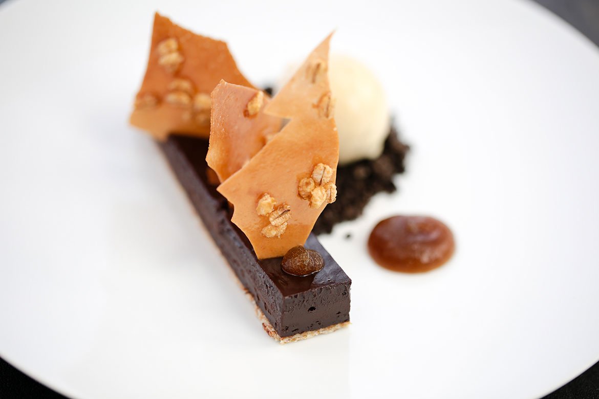 Chocolate crémeux, guinness ice cream oreo crumb, puffed barley & white chocolate rhubarb
