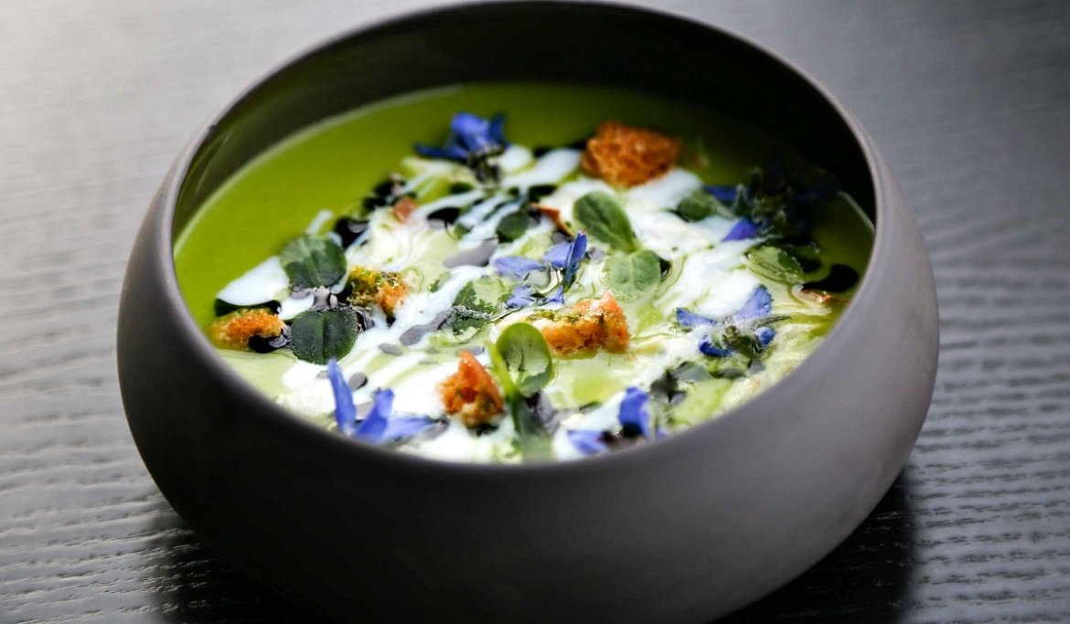Chilled cucumber soup, smoked mackerel, buttermilk & borage rhubarb